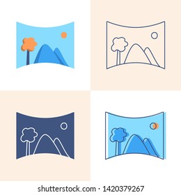 Panoramic photo icon set in flat and line style. Virtual reality concept. Vector illustration.