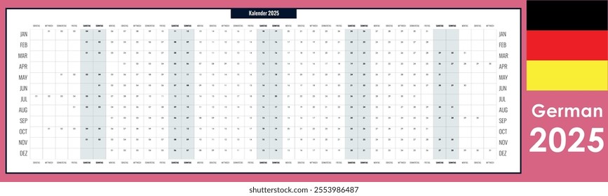 Panoramic planner 2025. Annual grid calendar with copy negative space for notes, one page wide organizer in German
