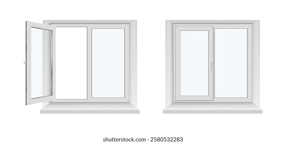 Panoramic plastic window with open and closed door, realistic bay type. Vector isolated set of glass and frame with handle, architecture and construction icons. Interior design and building