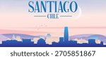 Panoramic poster of the city skyline with misty background buildings, hills sunrise, sunset and clouds of SANTIAGO, CHILE