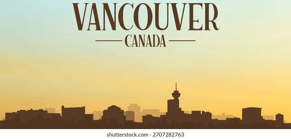 Panoramic poster of the city skyline with misty background buildings, hills sunrise, sunset and clouds of VANCOUVER, CANADA