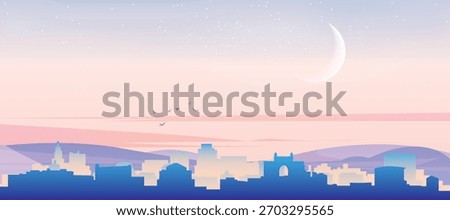 Panoramic poster of the city skyline with misty background buildings, hills sunrise, sunset and clouds of MUMBAI, INDIA