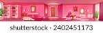 Panoramic princess bedroom interior with entrance door and pink walls, vintage bed and chairs, books in cabinet and mirror. Horizontal cartoon vector royal house or apartment indoor in victorian style