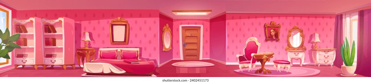 Panoramic princess bedroom interior with entrance door and pink walls, vintage bed and chairs, books in cabinet and mirror. Horizontal cartoon vector royal house or apartment indoor in victorian style