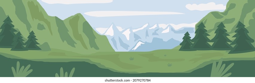 Panoramic realistic bright mountain forest landscape - Vector illustration