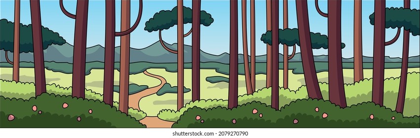 Panoramic realistic bright mountain forest landscape - Vector illustration