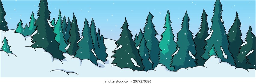 Panoramic realistic bright winter mountain forest landscape - Vector illustration