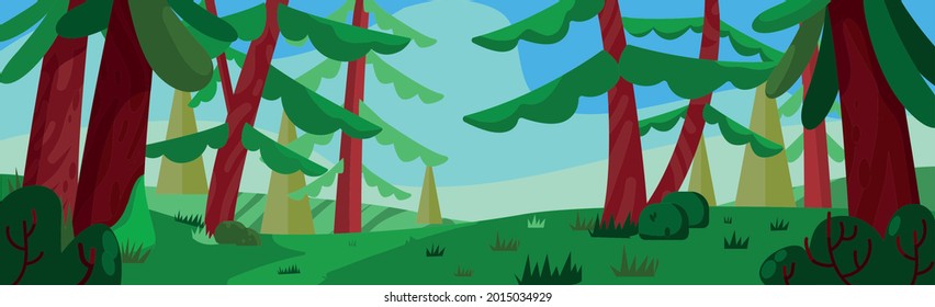 Panoramic realistic sunny dense mixed forest - Vector illustration