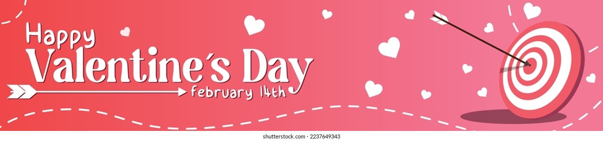 Panoramic red banner with typographic design of happy valentine, hearts and an arrow hitting the target.