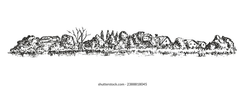 Panoramic river bank landscape with trees and village house in hand drawn sketch style. Vintage art composition outdoor nature. Vector illustration.