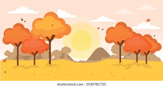 Panoramic rural landscape in autumn with fallen leaves on grass, horizontal banner vector illustration of autumn landscape mountains and maple trees with yellow foliage in autumn season.