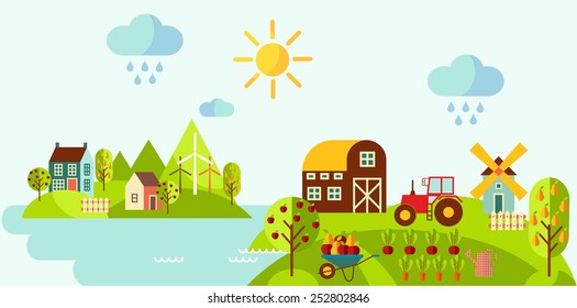 Panoramic rural landscape with gardening concept. Landscape with a garden, various plants, trees, mill, barn,tractor in flat style 