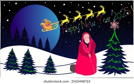 panoramic scene, congratulations, text, happy new year 2025, spruce and pine trees, snow, character in red, sleigh, deer, Santa Claus, starry sky