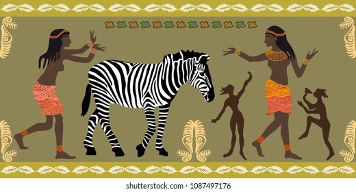 Panoramic scene inspired by Ancient Egypt art. Dancing girls, zebra and ethnic ornaments on green background. Trendy design witn African motifs for textile, cards, covers. 