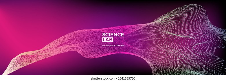 Panoramic science or technology background with dynamic particles. Trendy colourful design template. Applicable for banners, flyers, covers, presentations, identity, landing pages, websites.