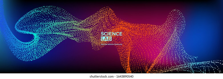 Panoramic science or technology background with dynamic particles. Trendy colourful design template. Applicable for banners, flyers, covers, presentations, identity, landing pages, websites.