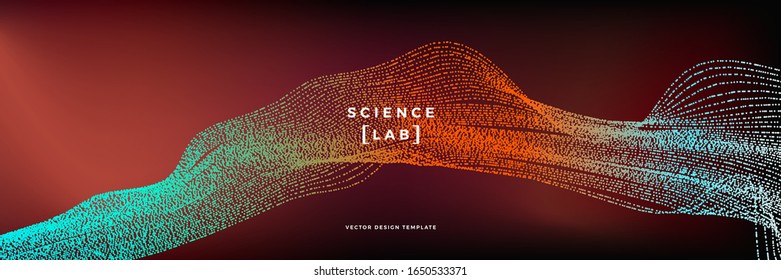 Panoramic science or technology background with dynamic particles. Trendy colourful design template. Applicable for banners, flyers, covers, presentations, identity, landing pages, websites.