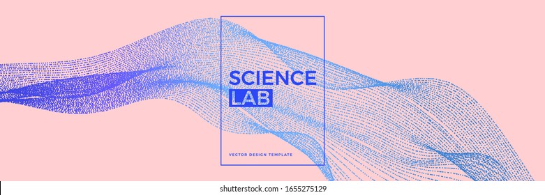 Panoramic science or technology background with dynamic particles. Trendy pink and blue design template. Applicable for banners, flyers, covers, presentations, identity, landing pages, websites.