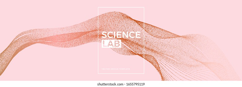 Panoramic science or technology background with dynamic particles. Trendy pink and golden design template. Applicable for banners, flyers, covers, presentations, identity, landing pages, websites.