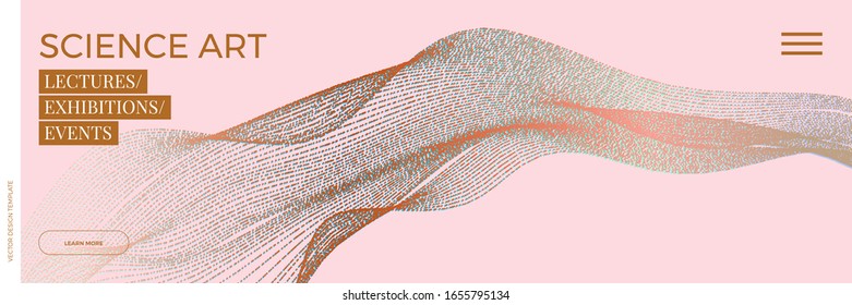 Panoramic science or technology background with dynamic particles. Trendy pink and golden design template. Applicable for banners, flyers, covers, presentations, identity, landing pages, websites.