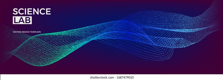 Panoramic science or technology background with dynamic particles. Trendy colourful design template. Applicable for banners, flyers, covers, presentations, identity, landing pages, websites.