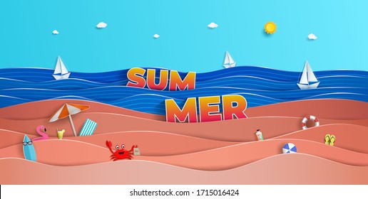 Panoramic sea view in the summer. and natural beautiful. and to travel for vacation. and there is a sailboat that was sailing on the sea. and as the origami or paper cut and used as background.
