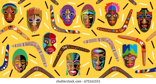 Panoramic Seamless Vector Border With Australian Boomerangs And Wooden African Masks Inspired By Aboriginal Art. Ethnic Textile Collection. On Yellow Background.