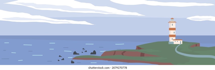 Panoramic seascape with high white lighthouse on the peninsula - illustration