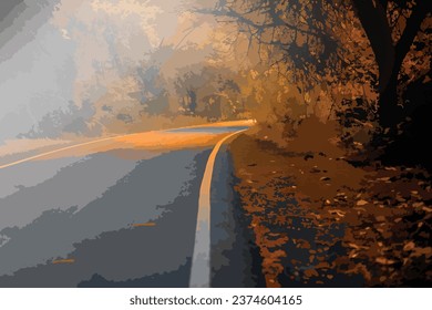 Panoramic shot autumn fall with beautiful infinite roads and a beam of light from canopy also.