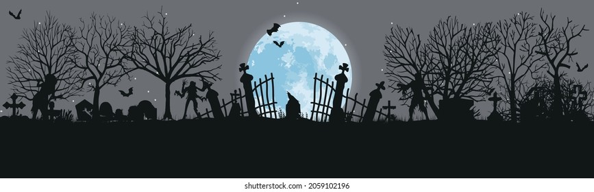 Panoramic silhouette of the cemetery
Halloween holiday. Landscape with graves and crosses. Spooky illustration
Vector illustration.
eps 10