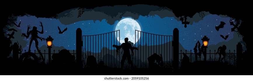 Panoramic silhouette of a cemetery with zombies.
Halloween holiday. Landscape with dead people, monsters and crosses. Spooky illustration
Vector illustration for Halloween. eps 10