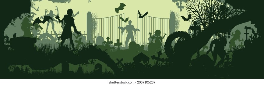 Panoramic silhouette of a cemetery with zombies.
Halloween holiday. Landscape with dead people, monsters and crosses. Spooky illustration
Vector illustration for Halloween. eps 10