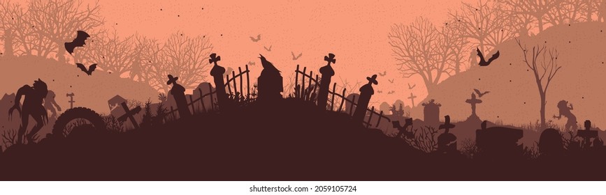 Panoramasilhouette eines Friedhofs mit Zombies.
Halloween-Feiertag. Landschaft mit Toten, Monstern und Kreuzen. Gekochte Illustration
Vektorgrafik zu Halloween. eps10