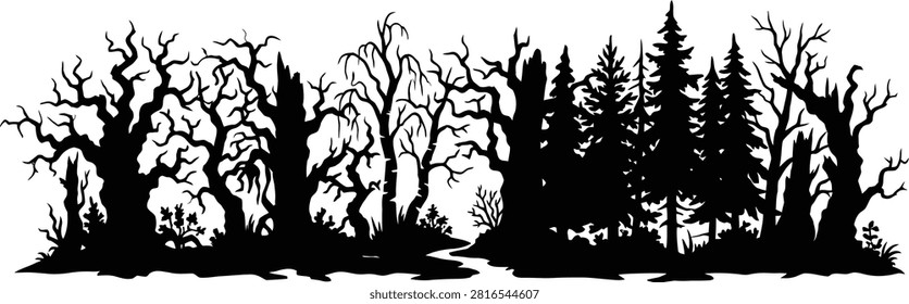 A panoramic silhouette of a dense dark forest with gnarly leafless trees and a winding trail. This high-quality vector graphic provides a haunting background for various creative Halloween and horror projects.