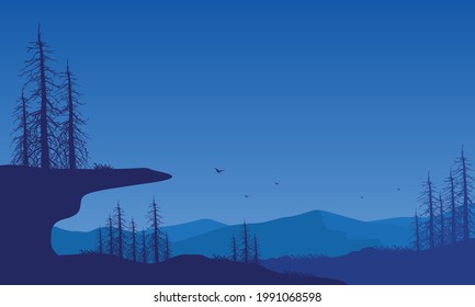 Panoramic silhouette of mountains with dry trees that are aesthetically pleasing at night from the edge of the city. Vector illustration of a city