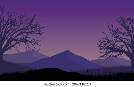 Panoramic silhouette of mountains with fantastic dry trees at night from the edge of the city. Vector illustration of a city