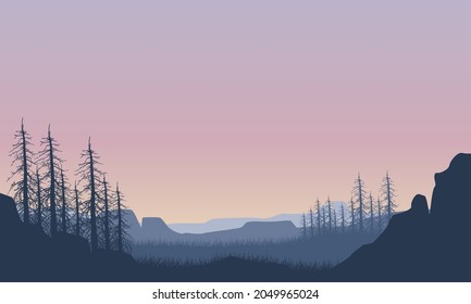 Panoramic silhouette of mountains with fantastic pine trees from the edge of town at dusk. Vector illustration of a city