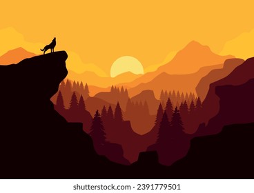 panoramic silhouette of mountains, forest and wolf. Vector landscape illustration.