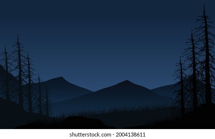 Panoramic silhouette of mountains with realistic pine trees from the edge of the city at night. Vector illustration of a city