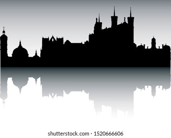 Panoramic Silhouette Skyline of Lyon France