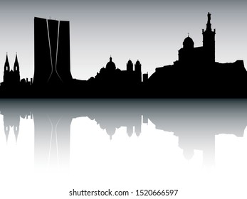 Panoramic Silhouette Skyline of Marseilles France