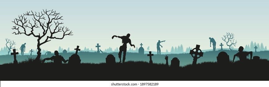 Panoramic silhouette of a zombie in a cemetery. Vector illustration for halloween. Stock vector illustration. eps 10 vector 