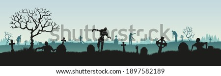 Panoramic silhouette of a zombie in a cemetery. Vector illustration for halloween. Stock vector illustration. eps 10 vector 