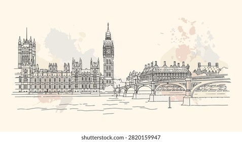 Panoramic sketch of London skyline featuring Big Ben Elizabeth Tower Palace of Westminster and Westminster Bridge with artistic watercolor splashes on cream background