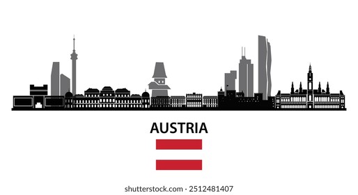 Panoramic Skyline of Austria with Iconic Landmarks and National Flag - Travel and Tourism Vecto