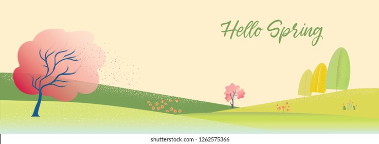 Panoramic of Spring field with apple blossom tree and small flower, Vector landscape of natural spring scene in green field while wind,flower petal sweep away, vector illustration 