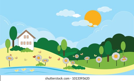 Panorámica de campo de primavera con cielo azul, paisaje vectorial de primavera o verano, Hermoso paisaje natural de campo verde con flores de verano, ilustración vectorial