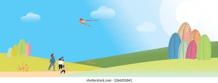 Panoramic of Spring field with a happy family playing kite or picnic or outdooractivities ,Vector landscape of natural spring scene in green field while wind,flower petal sweep away.Spring is coming.