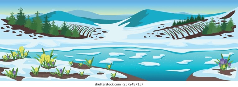 Panoramic spring landscape with river, mountains, forest, fields, melting snow and crocuses. Beautiful spring background illustration. Vector