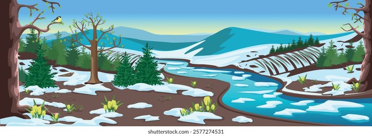 Panoramic spring landscape with river, mountains, forest, fields, melting snow and crocuses. Beautiful spring background illustration. Vector